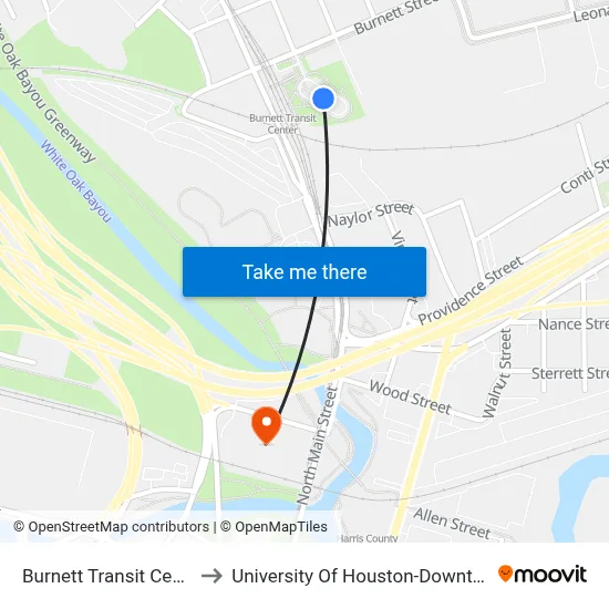 Burnett Transit Center to University Of Houston-Downtown map