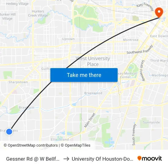 Gessner Rd @ W Bellfort Ave to University Of Houston-Downtown map