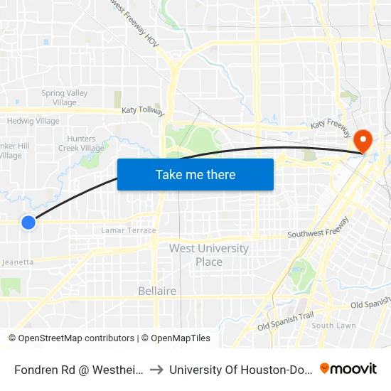 Fondren Rd @ Westheimer Rd to University Of Houston-Downtown map