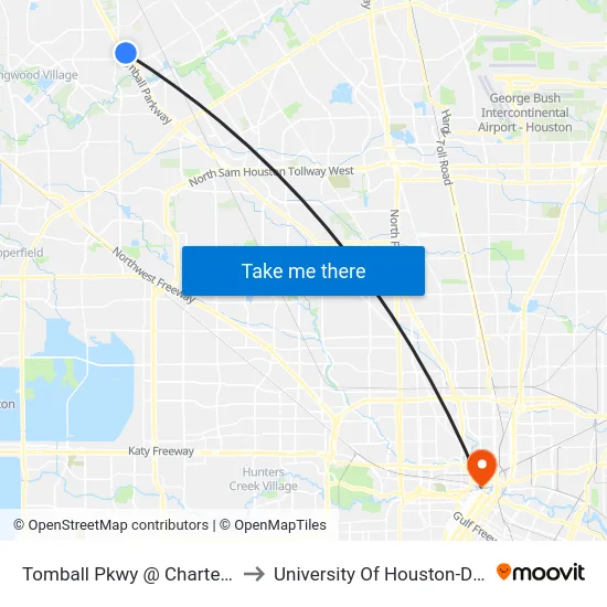 Tomball Pkwy @ Charterwood Dr to University Of Houston-Downtown map