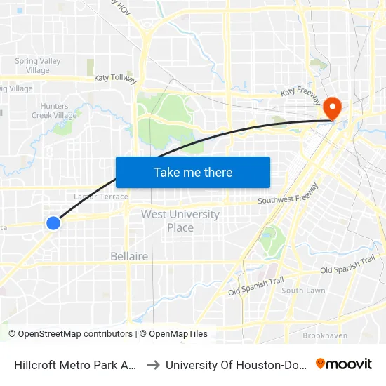 Hillcroft Metro Park And Ride to University Of Houston-Downtown map