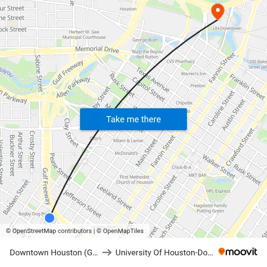 Downtown Houston (Gray St.) to University Of Houston-Downtown map