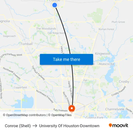 Conroe (Shell) to University Of Houston-Downtown map