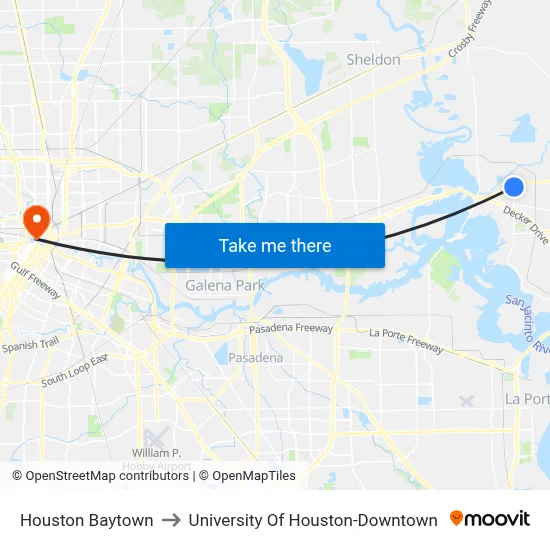 Houston Baytown to University Of Houston-Downtown map