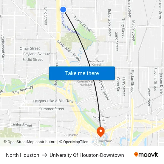 North Houston to University Of Houston-Downtown map