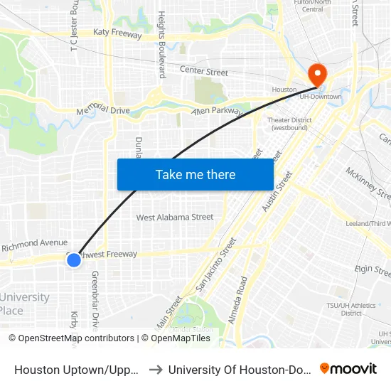 Houston Uptown/Upper Kirby to University Of Houston-Downtown map