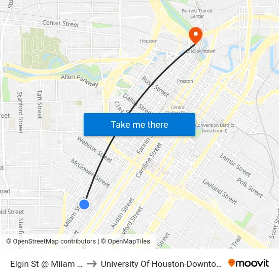 Elgin St @ Milam St to University Of Houston-Downtown map