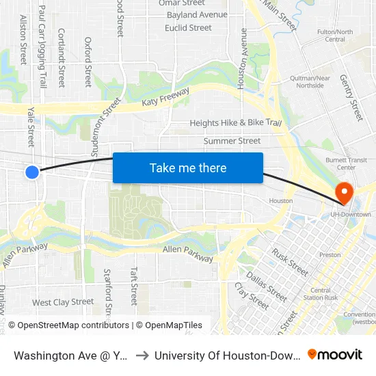 Washington Ave @ Yale St to University Of Houston-Downtown map