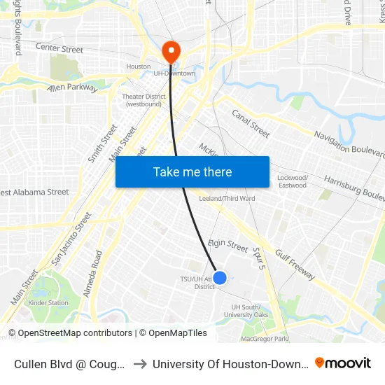Cullen Blvd @ Cougar Pl to University Of Houston-Downtown map