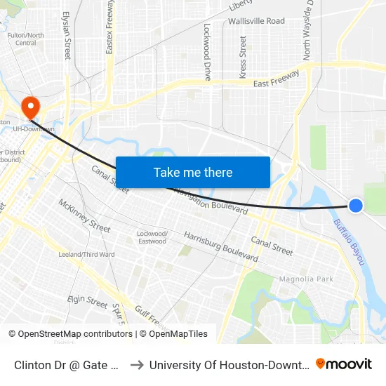 Clinton Dr @ Gate 2 Rd to University Of Houston-Downtown map