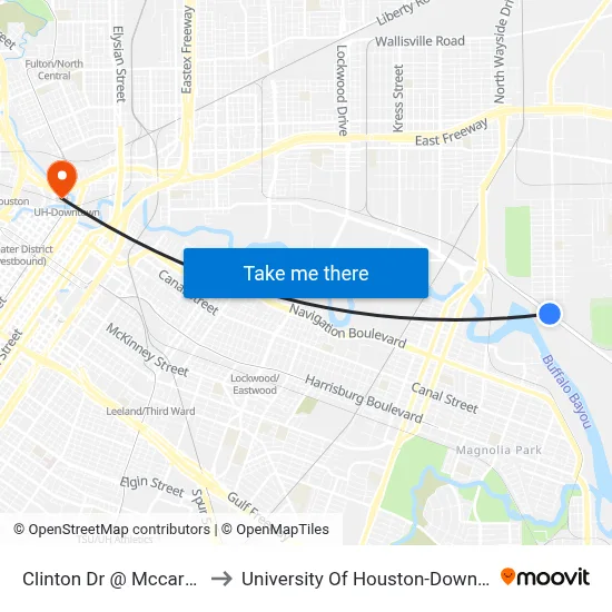 Clinton Dr @ Mccarty St to University Of Houston-Downtown map