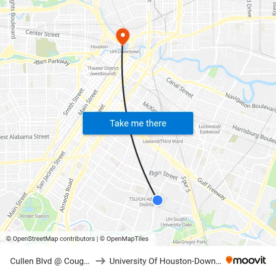 Cullen Blvd @ Cougar Pl to University Of Houston-Downtown map