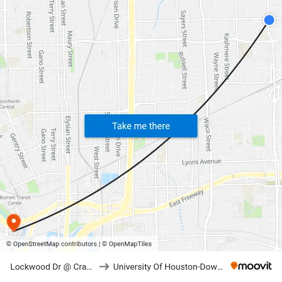 Lockwood Dr @ Crane St to University Of Houston-Downtown map