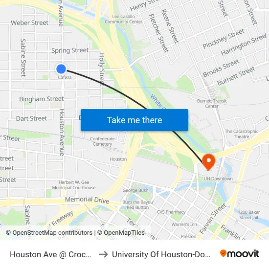 Houston Ave @ Crockett St to University Of Houston-Downtown map
