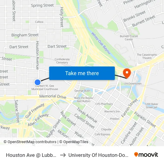 Houston Ave @ Lubbock St to University Of Houston-Downtown map
