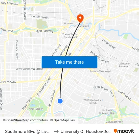 Southmore Blvd @ Live Oak St to University Of Houston-Downtown map