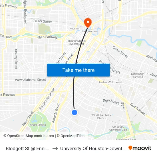 Blodgett St @ Ennis St to University Of Houston-Downtown map