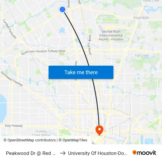 Peakwood Dr @ Red Oak Dr to University Of Houston-Downtown map