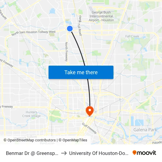 Benmar Dr @ Greenspoint Dr to University Of Houston-Downtown map
