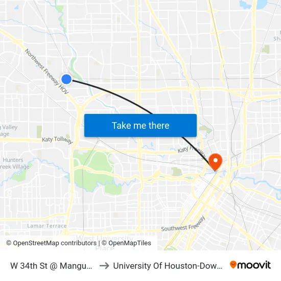 W 34th St @ Mangum Rd to University Of Houston-Downtown map