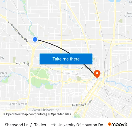 Sherwood Ln @ Tc Jester Blvd to University Of Houston-Downtown map