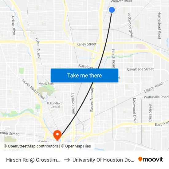 Hirsch Rd @ Crosstimbers St to University Of Houston-Downtown map