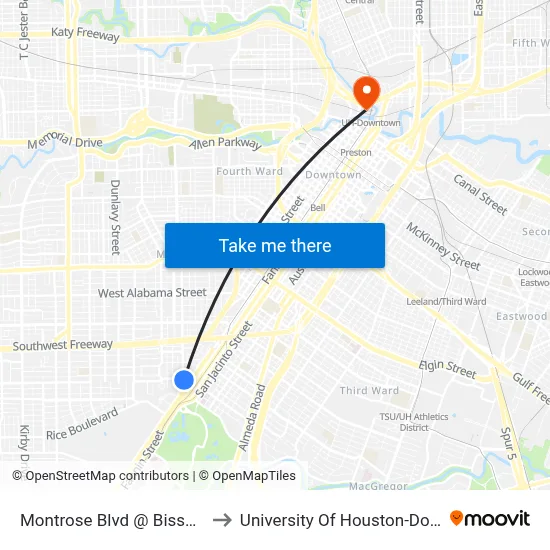 Montrose Blvd @ Bissonnet St to University Of Houston-Downtown map