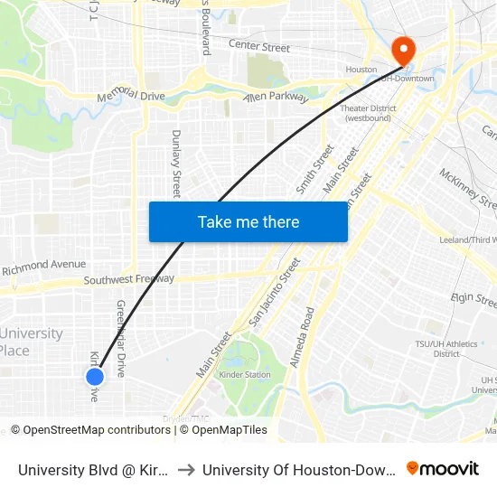 University Blvd @ Kirby Dr to University Of Houston-Downtown map