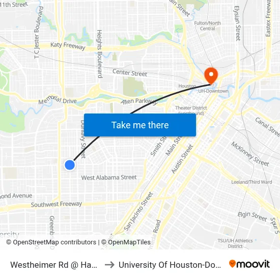 Westheimer Rd @ Hazard St to University Of Houston-Downtown map