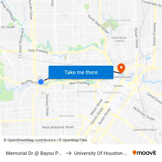 Memorial Dr @ Bayou Park Village to University Of Houston-Downtown map