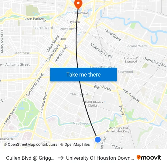 Cullen Blvd @ Griggs Rd to University Of Houston-Downtown map