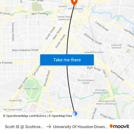 Scott St @ Scottcrest Dr to University Of Houston-Downtown map
