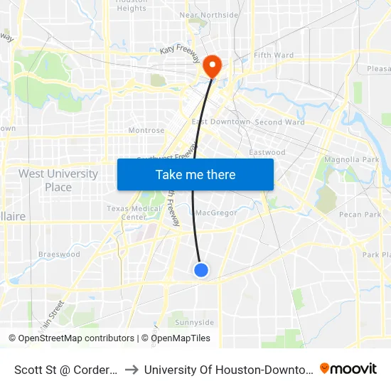 Scott St @ Corder St to University Of Houston-Downtown map