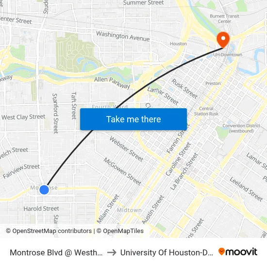 Montrose Blvd @ Westheimer Rd to University Of Houston-Downtown map