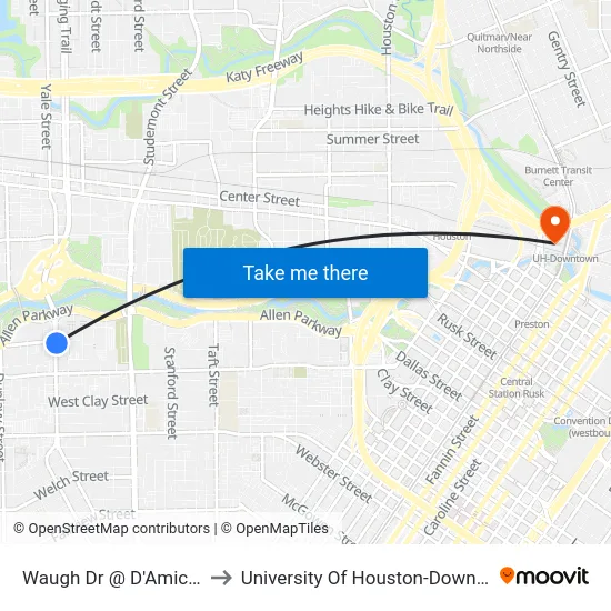 Waugh Dr @ D'Amico St to University Of Houston-Downtown map