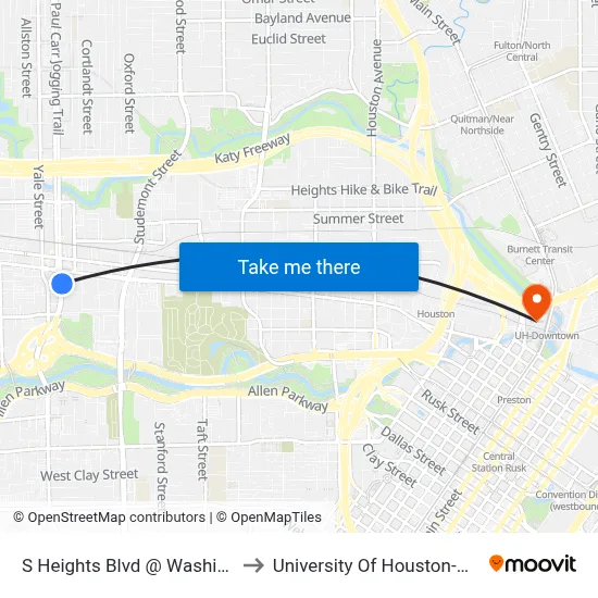 S Heights Blvd @ Washington Ave to University Of Houston-Downtown map