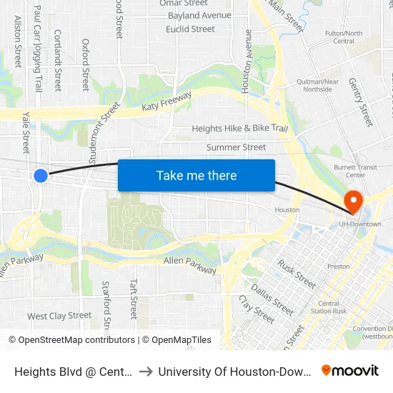 Heights Blvd @ Center St to University Of Houston-Downtown map
