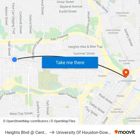 Heights Blvd @ Center St to University Of Houston-Downtown map