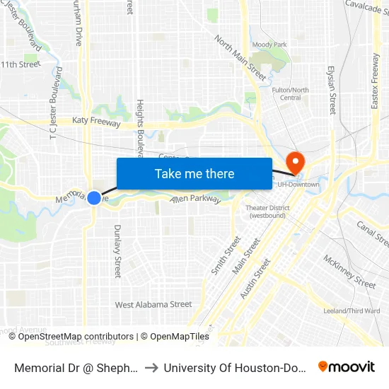 Memorial Dr @ Shepherd Dr to University Of Houston-Downtown map