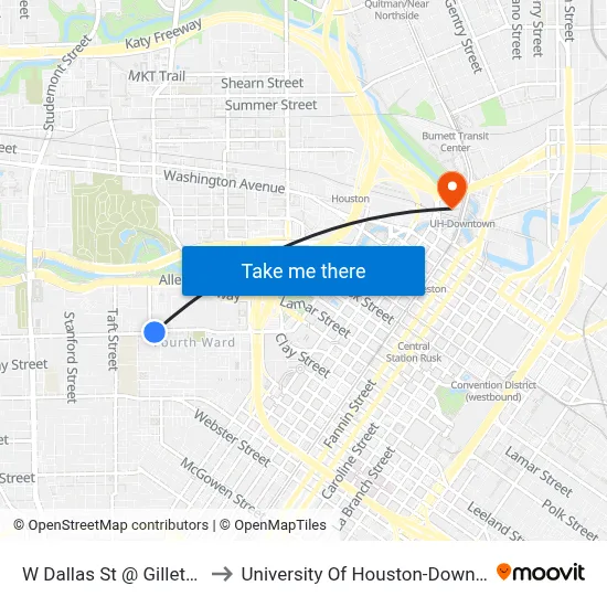 W Dallas St @ Gillette St to University Of Houston-Downtown map