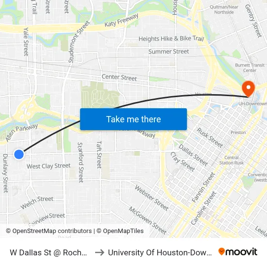 W Dallas St @ Rochow St to University Of Houston-Downtown map