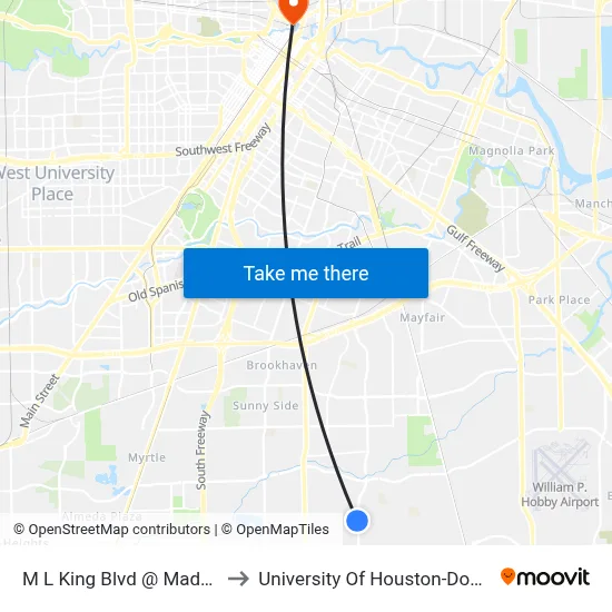 M L King Blvd @ Madden Ln to University Of Houston-Downtown map