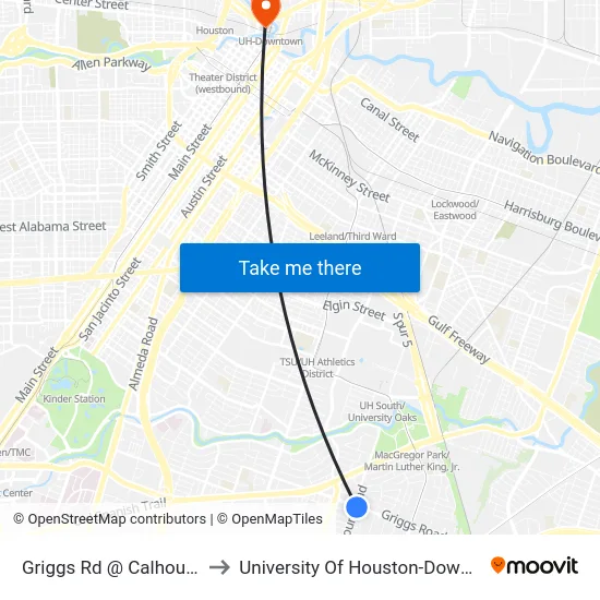 Griggs Rd @ Calhoun Rd to University Of Houston-Downtown map