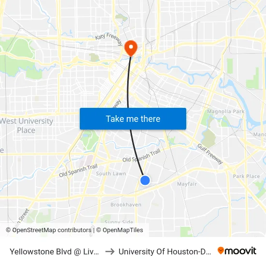 Yellowstone Blvd @ Liverpool St to University Of Houston-Downtown map