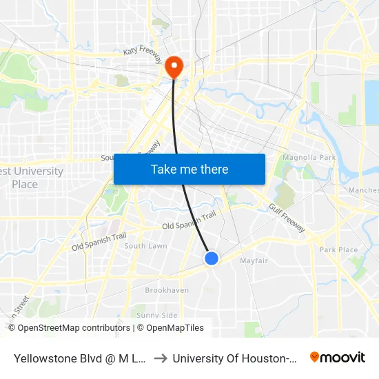Yellowstone Blvd @ M L King Blvd to University Of Houston-Downtown map