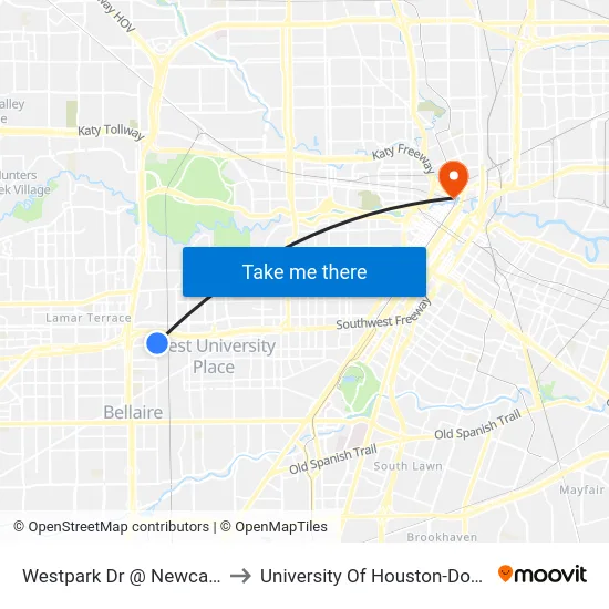 Westpark Dr @ Newcastle Dr to University Of Houston-Downtown map