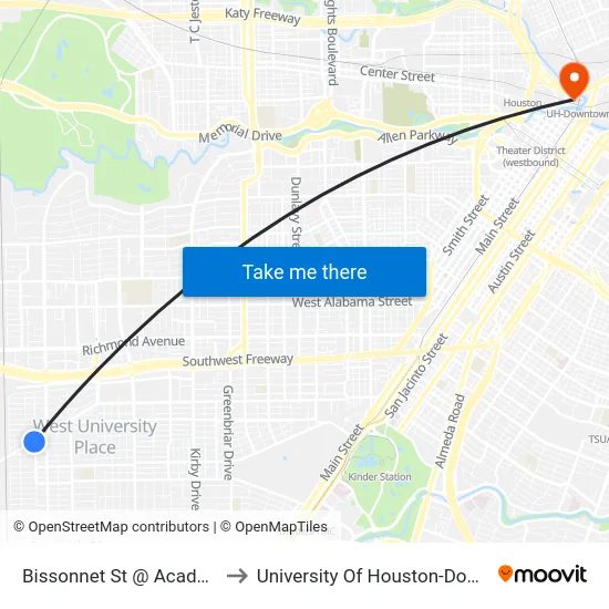 Bissonnet St @ Academy St to University Of Houston-Downtown map