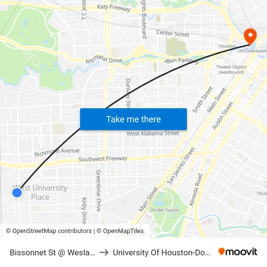 Bissonnet St @ Weslayan St to University Of Houston-Downtown map