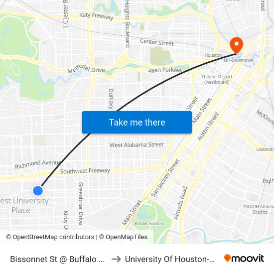 Bissonnet St @ Buffalo Speedway to University Of Houston-Downtown map