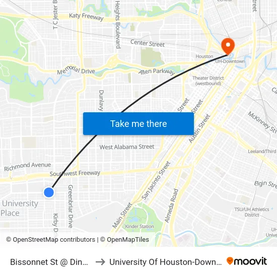 Bissonnet St @ Dincans to University Of Houston-Downtown map